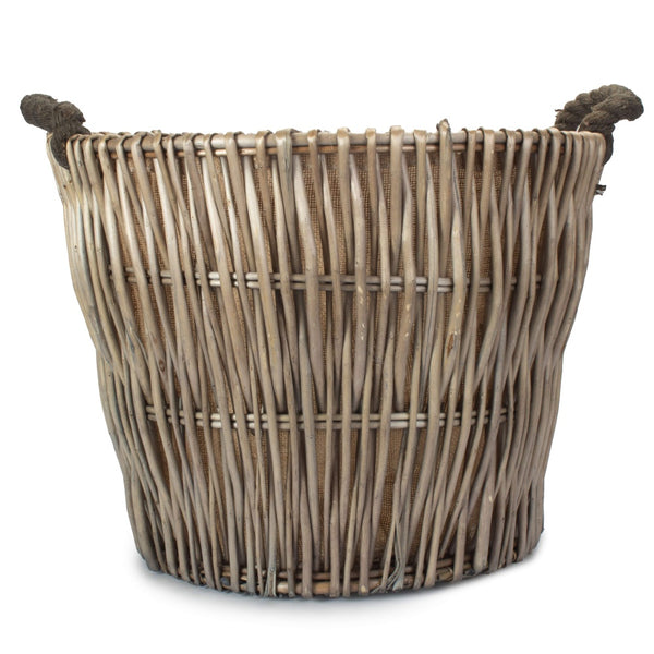 Red Hamper Round Grey Hessian Lined Wicker Log Basket