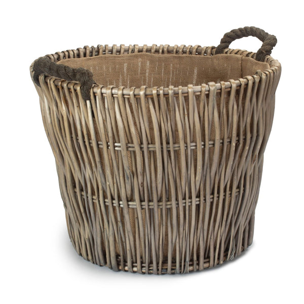 red hamper Round Grey Hessian Lined Wicker Log Basket