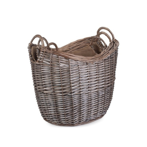 Red Hamper Scoop Neck Antique Wash Hessian Lined Wicker Log Basket