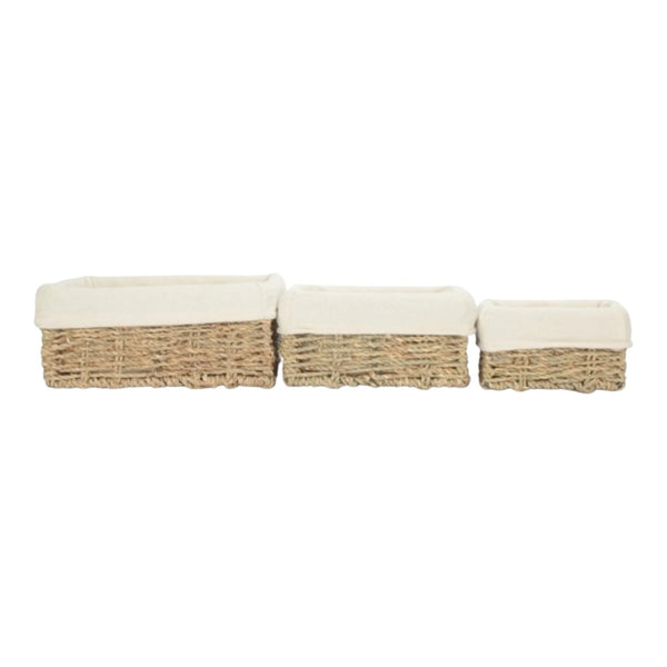 Red Hamper Set Of 3 Rectangular Cotton Lined Seagrass Trays