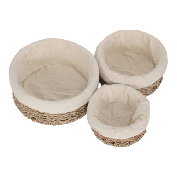 Red Hamper Set Of 3 Round Cotton Lined Seagrass Trays
