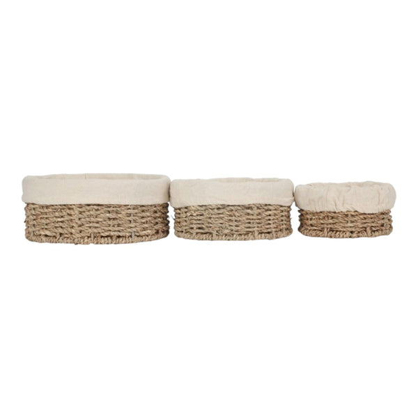 Red Hamper Set Of 3 Round Cotton Lined Seagrass Trays