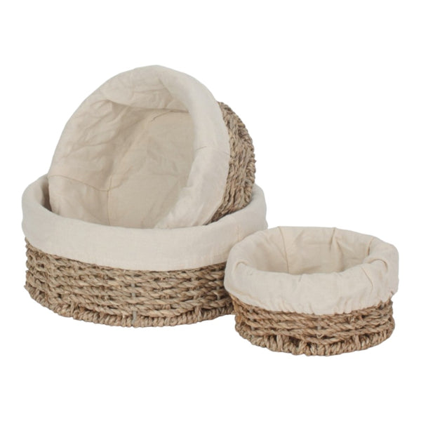red hamper Set of 3 Round Cotton Lined Seagrass Trays