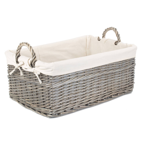 Red Hamper Shallow Cotton Lined Antique Wash Wicker Storage Basket