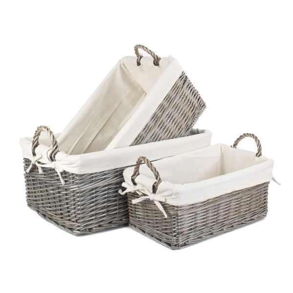 red hamper Shallow Cotton Lined Antique Wash Wicker Storage Basket