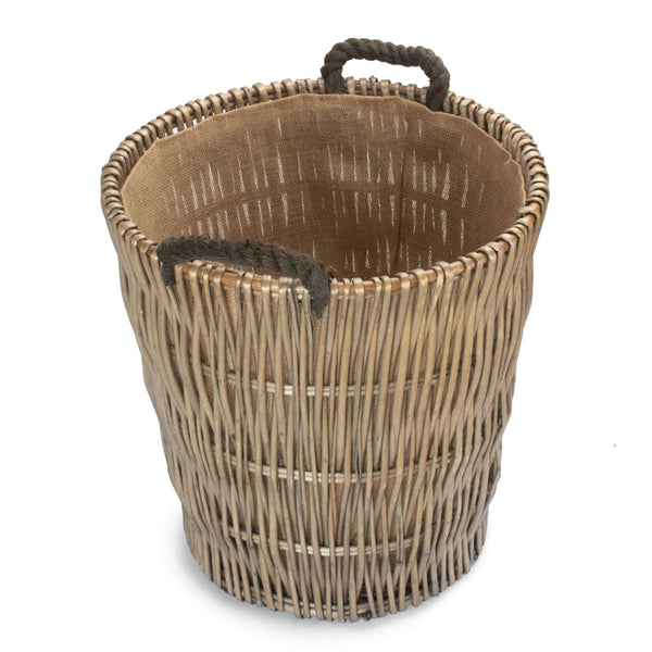 Red Hamper Tall Grey Round Hessian Lined Wicker Log Basket