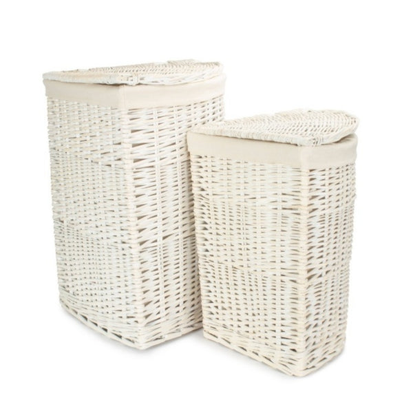 red hamper White Wash Corner Cotton Lined Wicker Laundry Basket