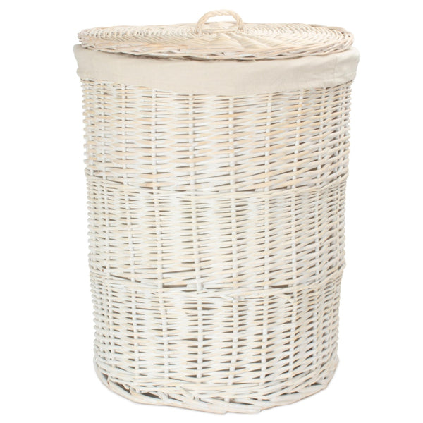 Red Hamper White Wash Round Cotton Lined Wicker Laundry Basket