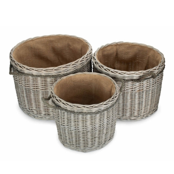 Red Hamper Wicker Grey Wash Round Hessian Lined Log Basket