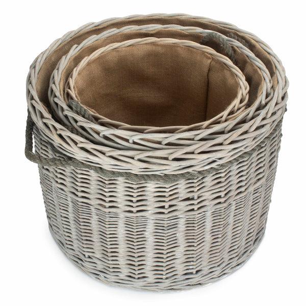 Red Hamper Wicker Grey Wash Round Hessian Lined Log Basket