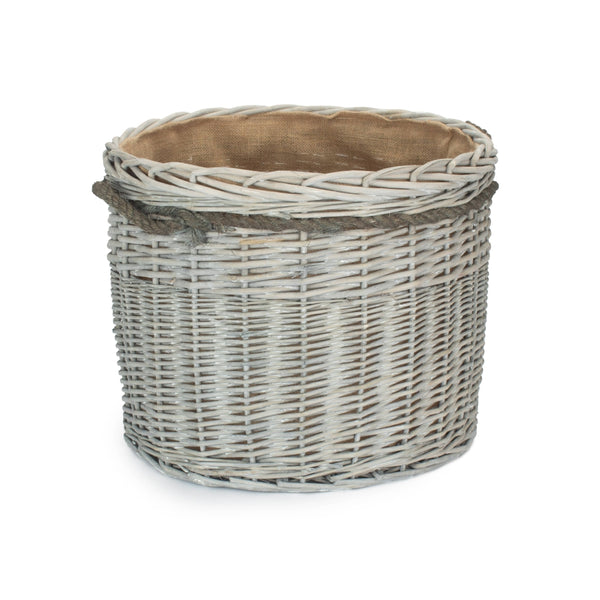 Red Hamper Wicker Grey Wash Round Hessian Lined Log Basket