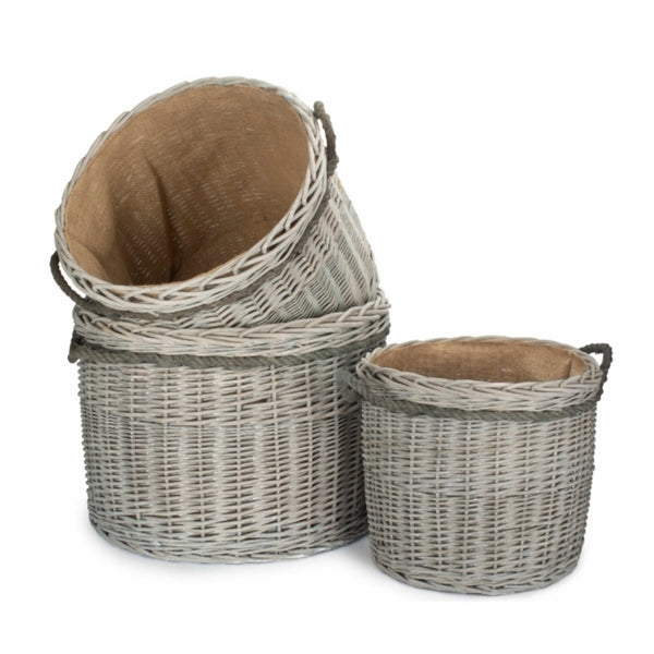 red hamper Wicker Grey Wash Round Hessian Lined Log Basket