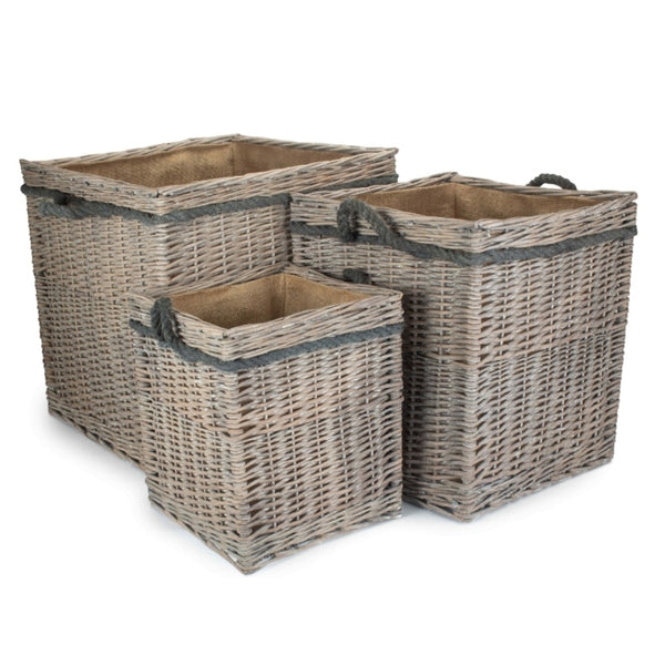Red Hamper Wicker Grey Wash Square Hessian Lined Log Basket