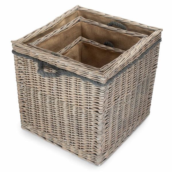 Red Hamper Wicker Grey Wash Square Hessian Lined Log Basket