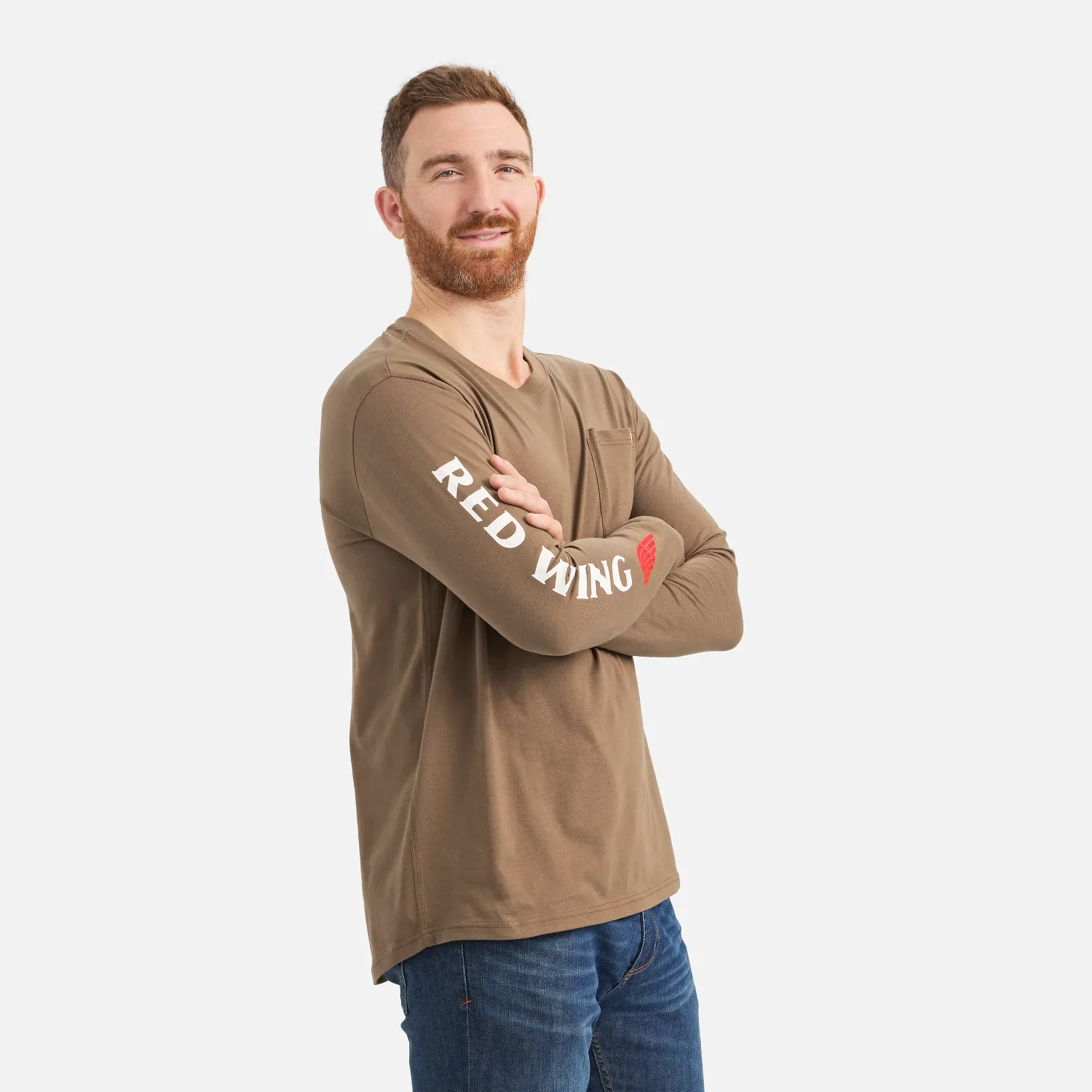 Red Wing Shoes Long Sleeve Pocket T-Shirt With Sleeve Print Men's Long Sleeve Tee In Brown