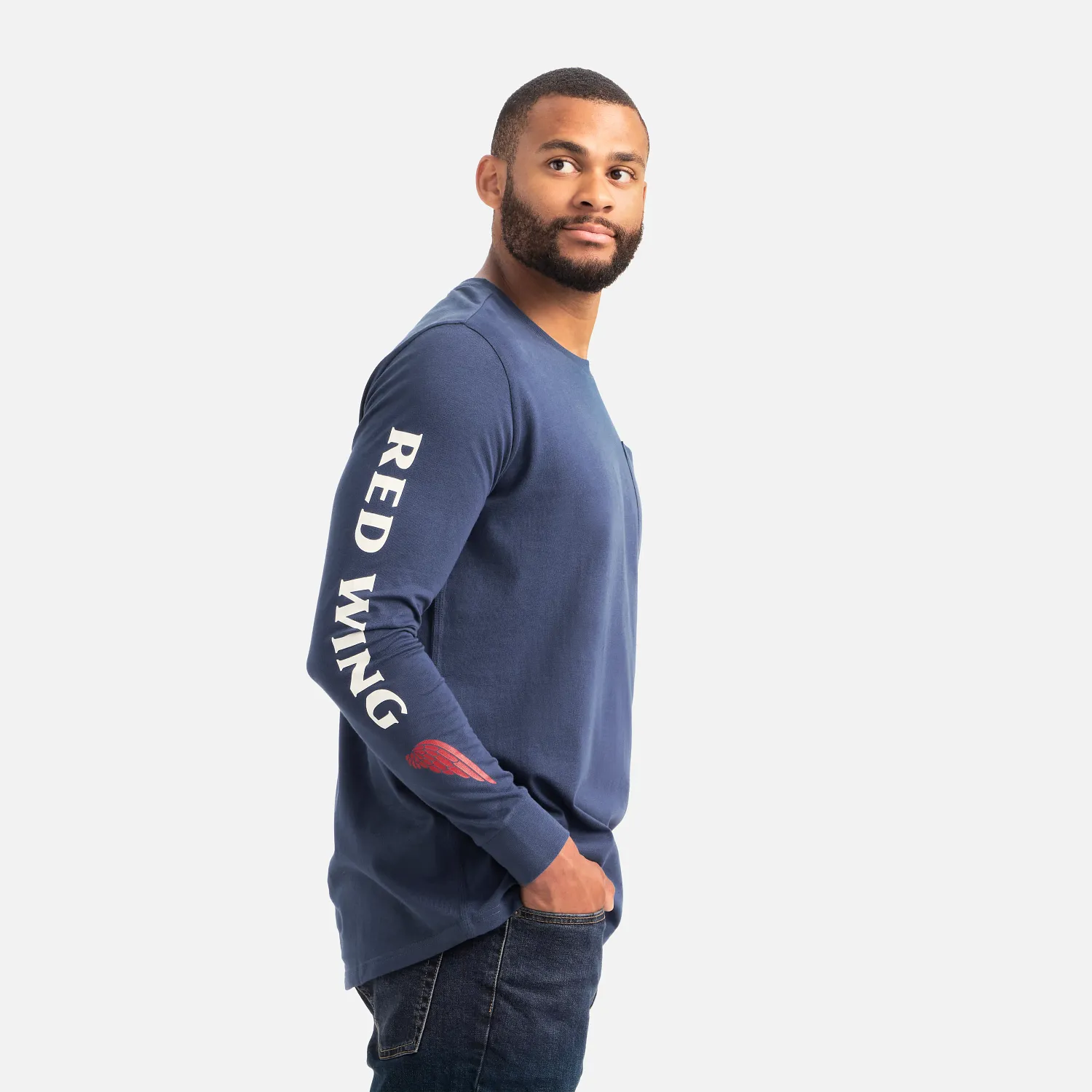 Red Wing Shoes Long Sleeve Pocket T-Shirt With Sleeve Print Men's Long Sleeve Tee In Navy