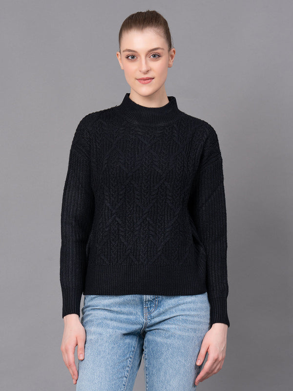 Redtape Black Acrylic Self Design Women's Sweater Black