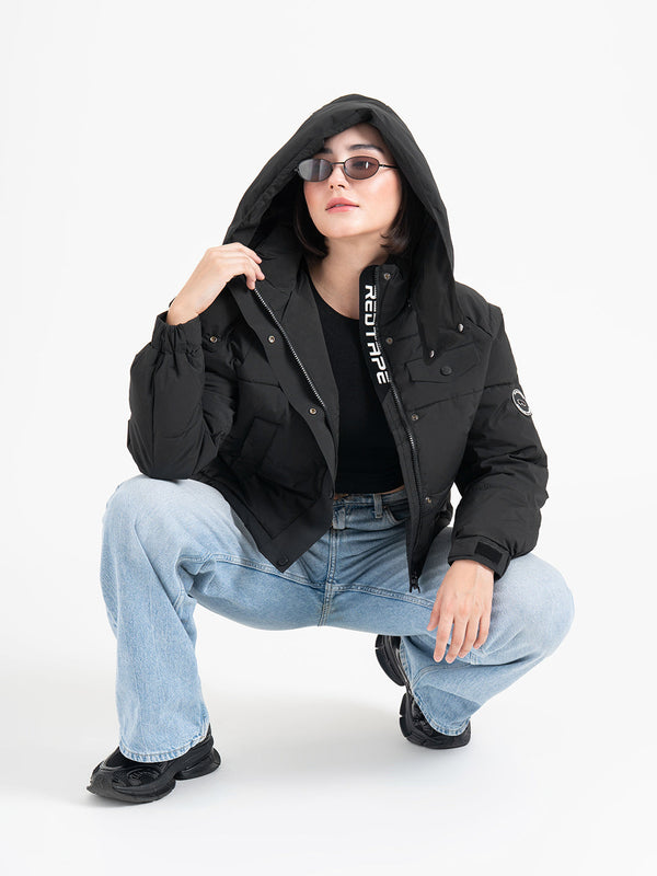 redtape Black Hooded Puffer Jacket for Women | Everyday Winter Comfort