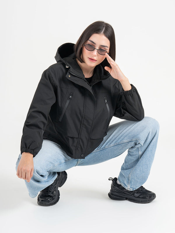 redtape Black Hooded Windcheater Jacket for Women | Lightweight Winter Comfort Black