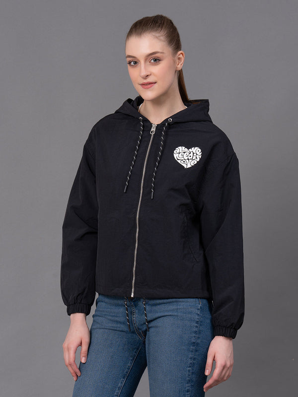 Redtape Black Nylon Graphic Print Women's Windcheater Jacket Black