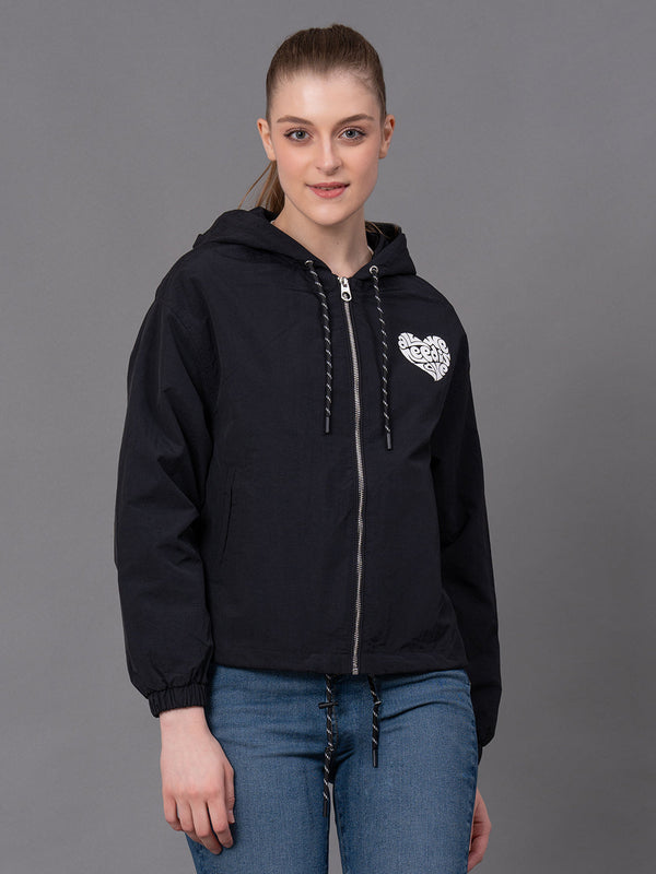 redtape Black Nylon Graphic Print Women's Windcheater Jacket Black