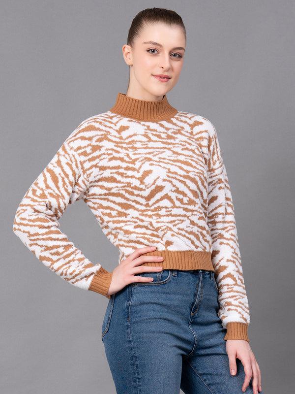 Redtape Caramel Nylon Feather Self Design Women's Sweater Caramel