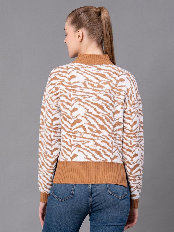 Redtape Caramel Nylon Feather Self Design Women's Sweater Caramel
