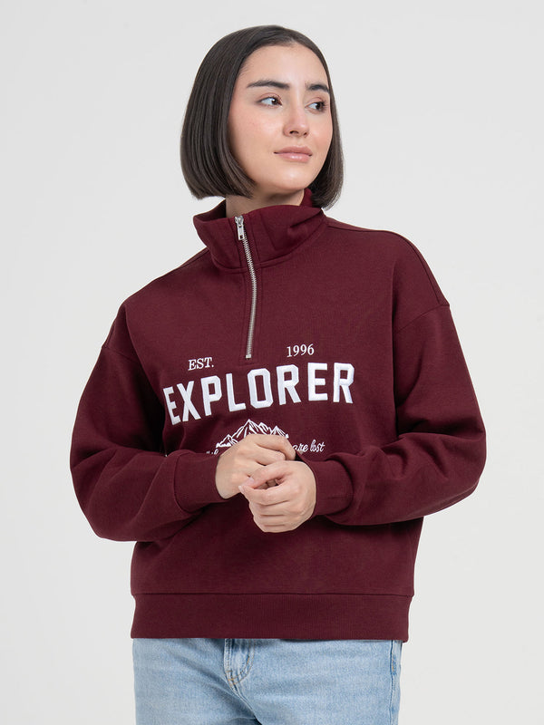 Redtape Dark Maroon Half-Zip Sweatshirt For Women | Cozy Casual Comfort Dark Maroon