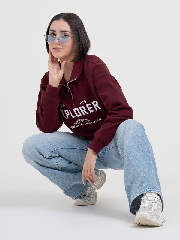 redtape Dark Maroon Half-Zip Sweatshirt for Women | Cozy Casual Comfort Dark Maroon