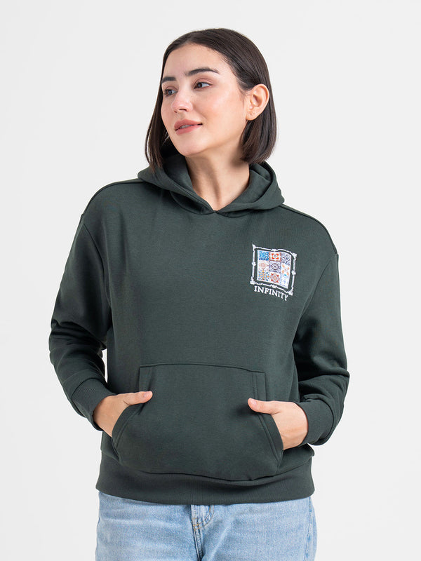 Redtape Green Graphic Hoodie For Women | Winter Essential Forest Green