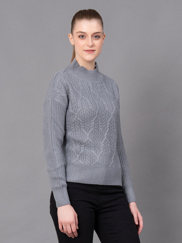 Redtape Grey Acrylic Self Design Women's Sweater Grey