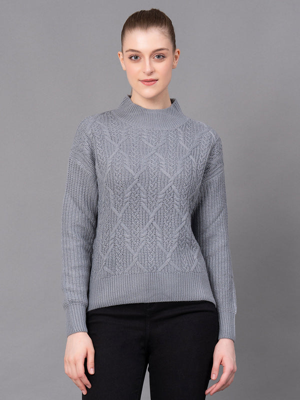 redtape Grey Acrylic Self Design Women's Sweater Grey