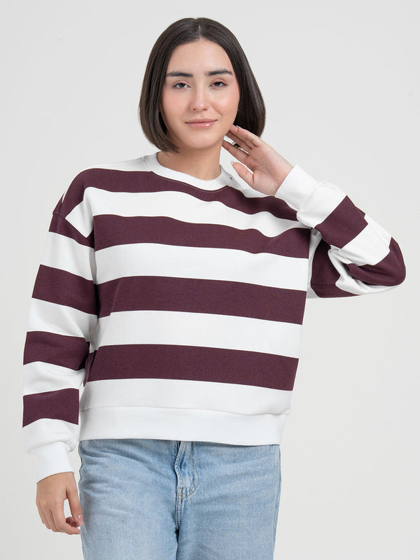 Redtape Maroon White Striped Sweatshirt For Women | Modern Winter Everyday Comfort Maroon White