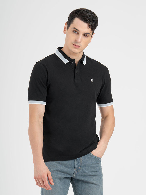 Redtape Men Black Polo Neck Cotton Polyester Solid T-Shirt Black