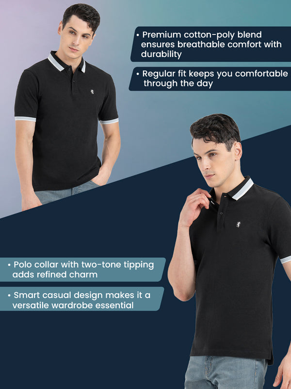 Redtape Men Black Polo Neck Cotton Polyester Solid T-Shirt Black