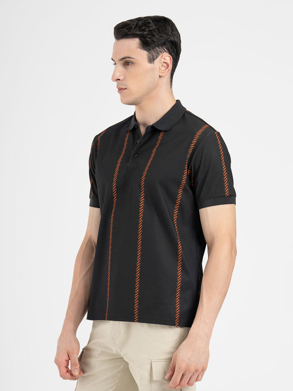 Redtape Men Black Polo Neck High Stretch Polyester Striped Athleisure T-Shirt Black