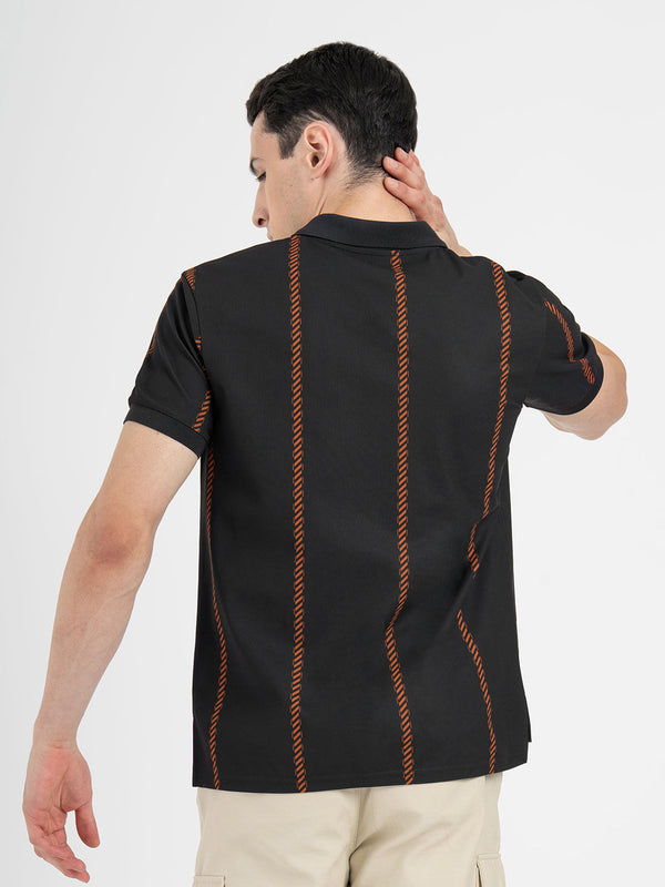 Redtape Men Black Polo Neck High Stretch Polyester Striped Athleisure T-Shirt Black