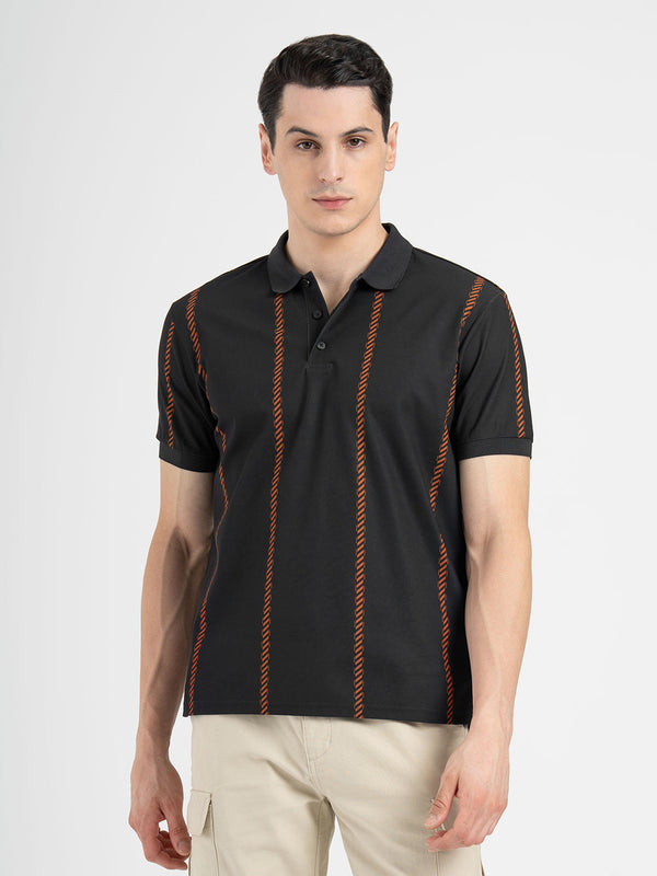 redtape Men Black Polo Neck High Stretch Polyester Striped Athleisure T-Shirt Black