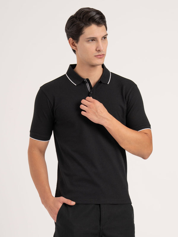 Redtape Men Black Self Design Football Structured Polo T-Shirt Black