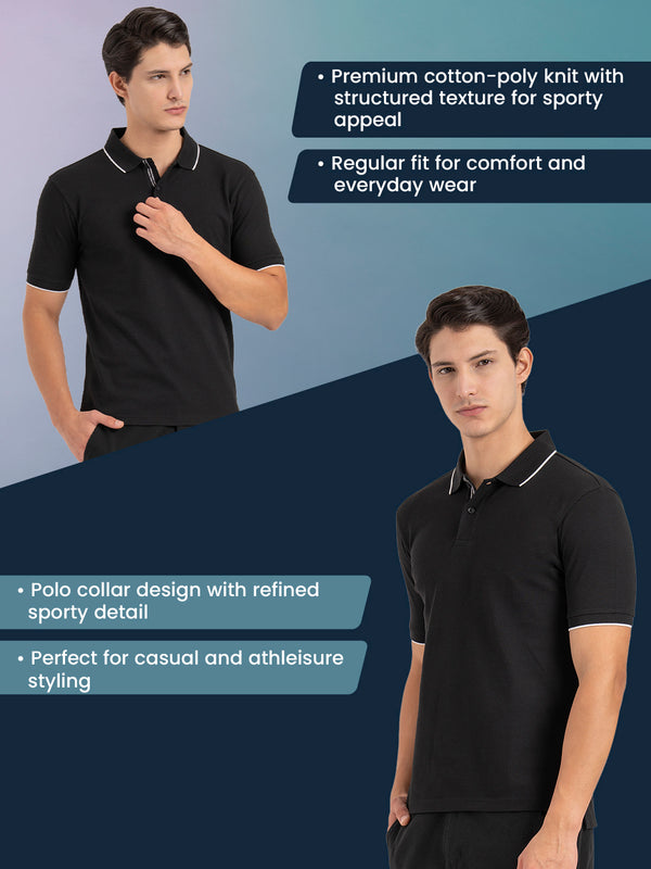 Redtape Men Black Self Design Football Structured Polo T-Shirt Black