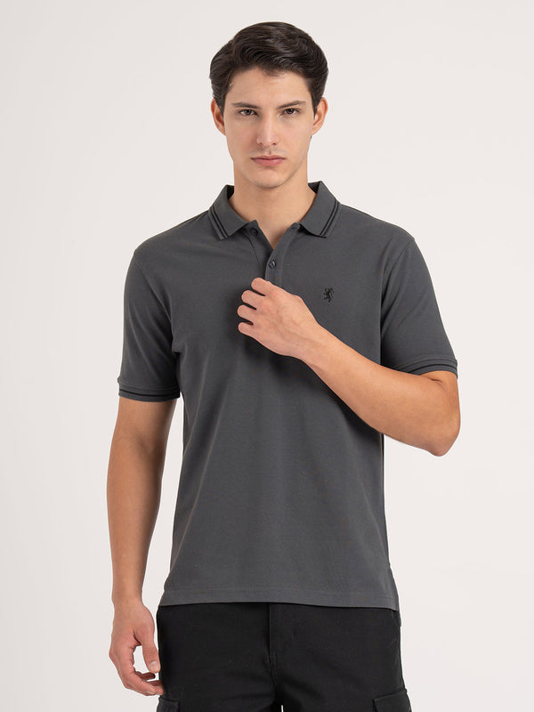Redtape Men Grey Solid Single Tone Tipping Polo T-Shirt Grey
