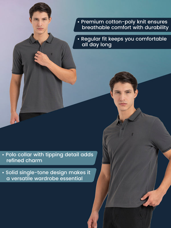 Redtape Men Grey Solid Single Tone Tipping Polo T-Shirt Grey