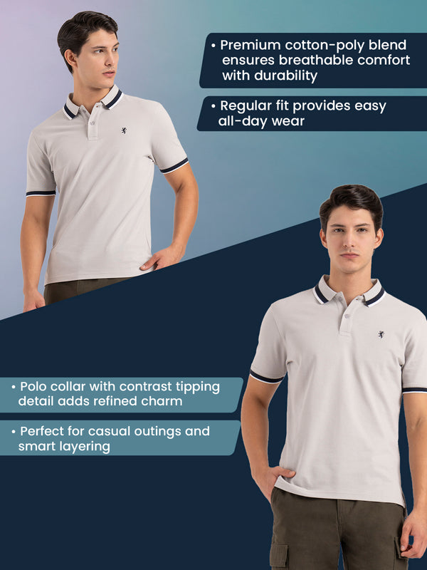 Redtape Men Grey Solid Two-Tone Tipping Polo T-Shirt Grey
