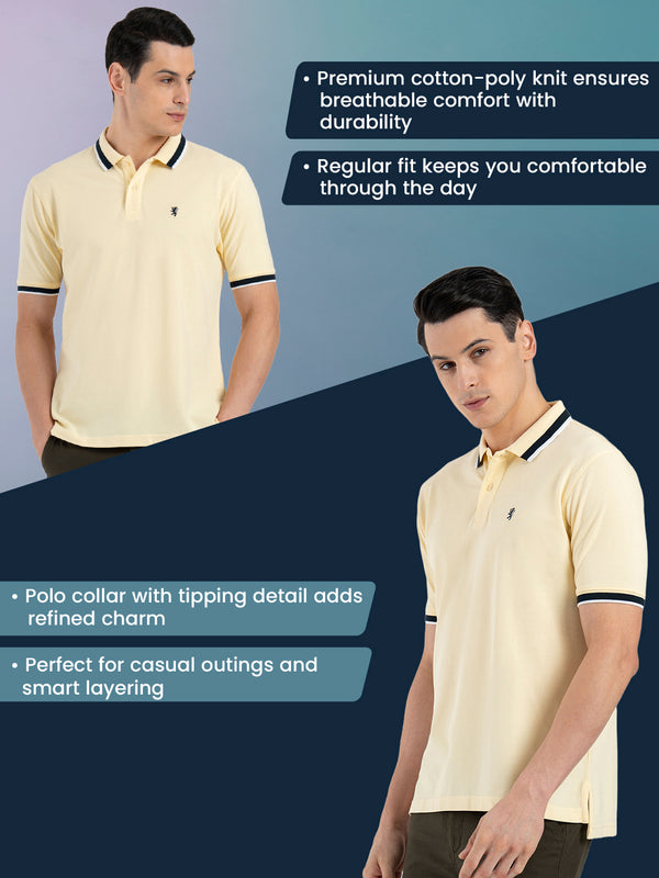 Redtape Men Light Yellow Polo Neck Cotton Polyester Solid T-Shirt Light Yellow