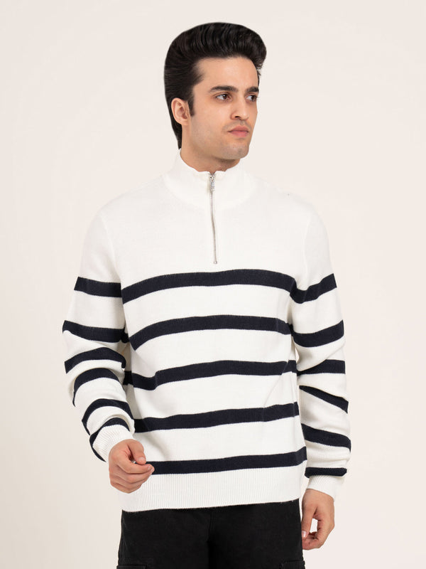 Redtape Men’s Off-White Half Zip Striped Sweater | Cozy Winter Classic Off White