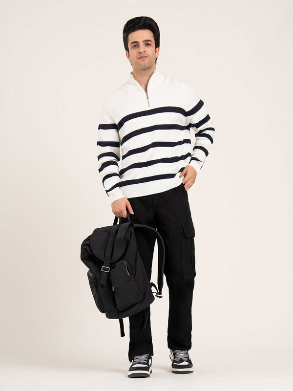 redtape Men’s Off-White Half Zip Striped Sweater | Cozy Winter Classic Off White