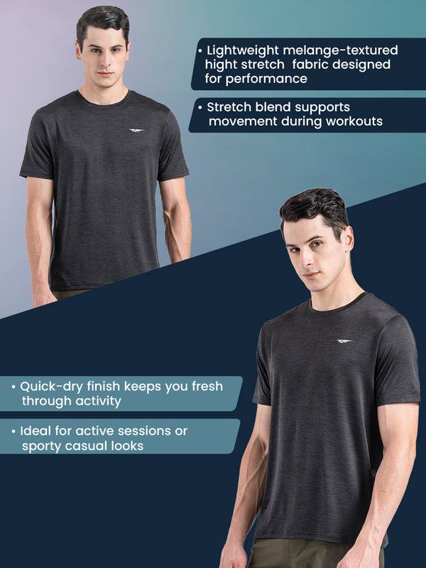 Redtape Men's Round Neck Activewear T-Shirt Black Melange