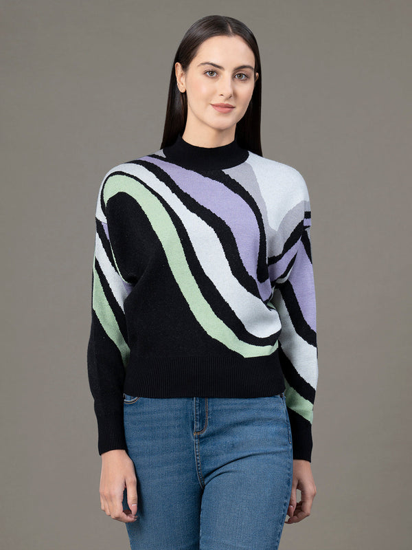 Redtape Mock Neck Drop Shoulder Sweater For Women Black Lavender