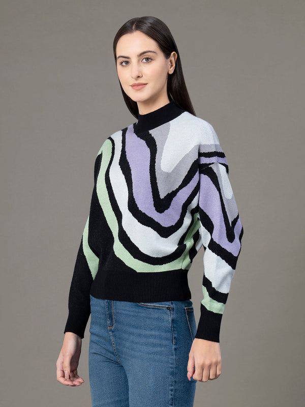 Redtape Mock Neck Drop Shoulder Sweater For Women Black Lavender