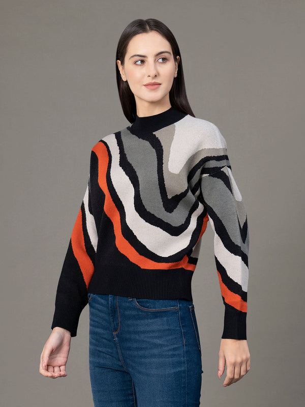 Redtape Mock Neck Drop Shoulder Sweater For Women Black Orange